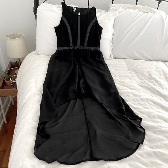 Studio Y Black Lace Faux Leather Trim Midi Dress grunge Whimsigoth Hi-Low Small - Picture 1 of 10